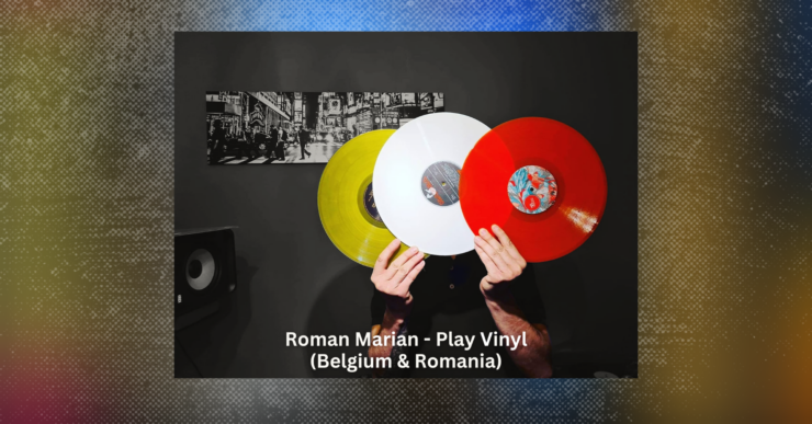 Roman Marian, from Belgium and Romania, holding three colorful vinyl records in front of their face, with a black and white street scene in the background.