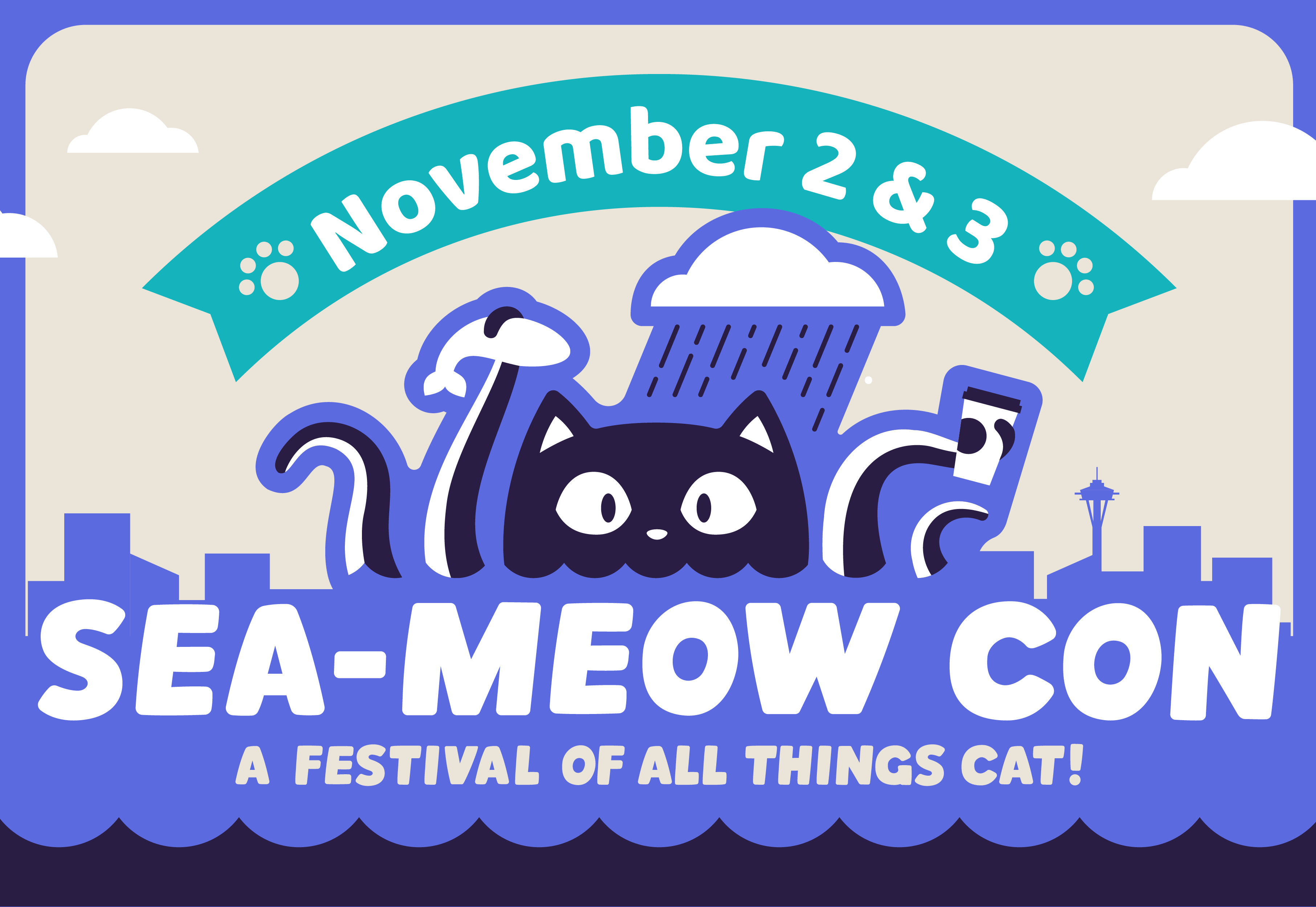 Promotional graphic for Sea-Meow Con, a festival of all things cat, happening on November 2 & 3. The image features a stylized cityscape with a large black cat in front, along with various cat-themed icons like paw prints, a fish, and a cat toy. The Seattle Space Needle is visible in the background.