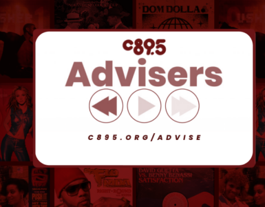 Promotional banner for C89.5 Advisers featuring a central logo, play buttons and a background collage of various music artists and album covers.