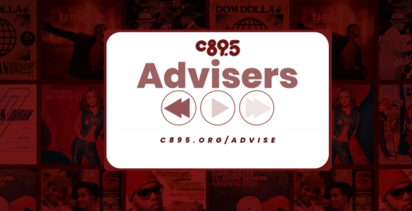 Promotional banner for C89.5 Advisers featuring a central logo, play buttons and a background collage of various music artists and album covers.