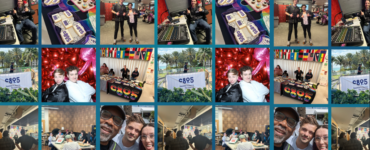 Collage of photos from c895 Radio events featuring individuals engaging in various activities such as playing games, posing for photos, and interacting in different indoor settings, all marked with c895 Radio logos.