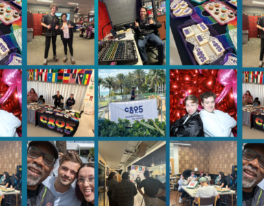 Collage of photos from c895 Radio events featuring individuals engaging in various activities such as playing games, posing for photos, and interacting in different indoor settings, all marked with c895 Radio logos.