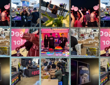 Collage of photos from c895 Radio events featuring individuals engaging in various activities such as playing games, posing for photos, and interacting in different indoor settings, all marked with c895 Radio logos.