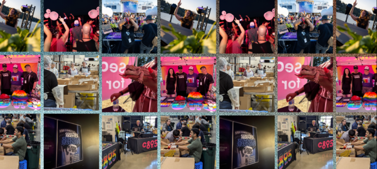 Collage of photos from c895 Radio events featuring individuals engaging in various activities such as playing games, posing for photos, and interacting in different indoor settings, all marked with c895 Radio logos.