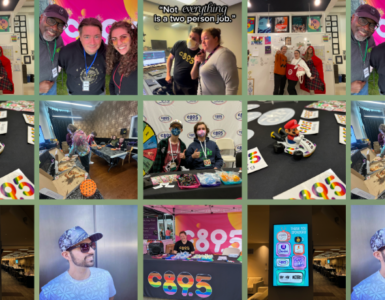 Collage of photos from c895 Radio events featuring individuals engaging in various activities such as playing games, posing for photos, and interacting in different indoor settings, all marked with c895 Radio logos.