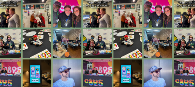 Collage of photos from c895 Radio events featuring individuals engaging in various activities such as playing games, posing for photos, and interacting in different indoor settings, all marked with c895 Radio logos.