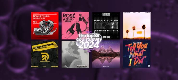 A promotional banner featuring a collection of seven diverse music album covers from various artists, including names like Richard Wilson, Rosé & Bruno Mars, and Jackeye's Revenge, displayed against a dark, purple textured background.