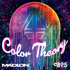 Colorful graphic titled 'Color Theory' featuring an abstract multicolored background with a vibrant arch overlaid with geometric shapes and dripping paint details. Text at the bottom reads 'MADION C895'.