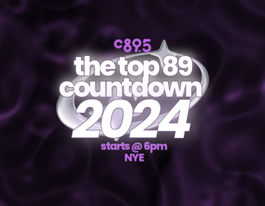 Promotional banner for "The Top 89 Countdown 2024" hosted by C895, starting at 6 PM on New Year's Eve, set against a swirling purple background.