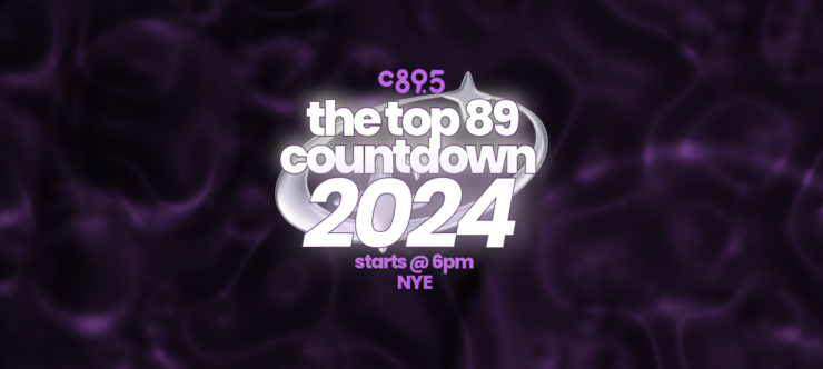 Promotional banner for "The Top 89 Countdown 2024" hosted by C895, starting at 6 PM on New Year's Eve, set against a swirling purple background.