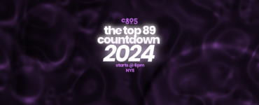 Promotional graphic for C895's "The Top 89 Countdown 2024" event, featuring purple abstract background and text stating the event starts at 6pm on New Year's Eve.