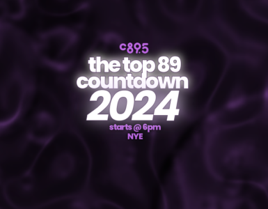 Promotional graphic for C895's "The Top 89 Countdown 2024" event, featuring purple abstract background and text stating the event starts at 6pm on New Year's Eve.