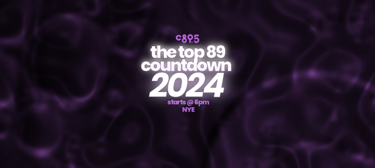 Promotional graphic for C895's "The Top 89 Countdown 2024" event, featuring purple abstract background and text stating the event starts at 6pm on New Year's Eve.