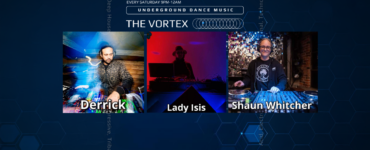 Promotional banner for 'The Vortex' underground dance music event, featuring DJ Derrick, Lady Isis, and Shaun Whitcher performing, each displayed in their own panel against a blue, digitally-inspired background.