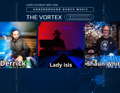 Promotional banner for 'The Vortex' underground dance music event, featuring DJ Derrick, Lady Isis, and Shaun Whitcher performing, each displayed in their own panel against a blue, digitally-inspired background.