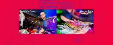 Promotional banner for 'The Vortex' featuring underground dance music, showing DJs Derrick Deep and Gorio Tala actively mixing at their soundboards with vibrant pink and blue lighting.