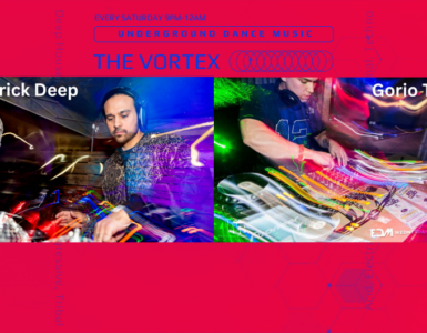 Promotional banner for 'The Vortex' featuring underground dance music, showing DJs Derrick Deep and Gorio Tala actively mixing at their soundboards with vibrant pink and blue lighting.