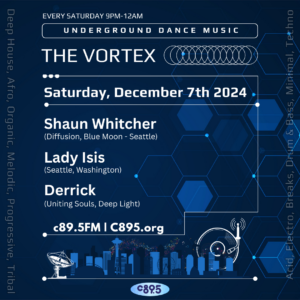 Promotional image for 'The Vortex' event featuring DJ Lady Isis, highlighted by blue and red lighting, with a DJ booth and consoles in the foreground. The event offers underground dance music every Saturday from 9 PM to 12 AM, priced at c895.