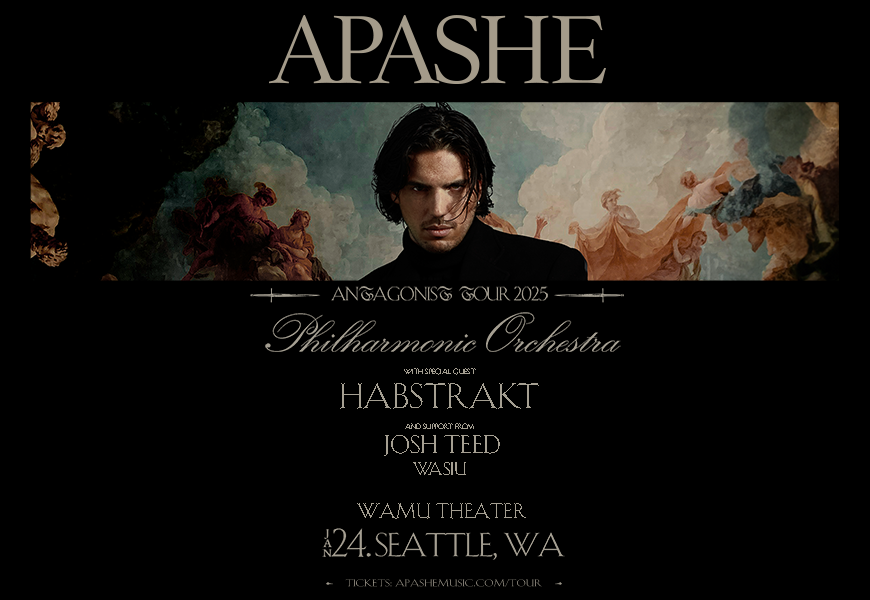 Promotional poster for APASHE's concert featuring a portrait of the artist with a classical painting background. Text includes event details with Philharmonic Orchestra, HABSTRAKT, Josh Teed, and Wasiu at Kumoricon on November 24 at Seattle, WA. Tickets available at apashe.com/tour.