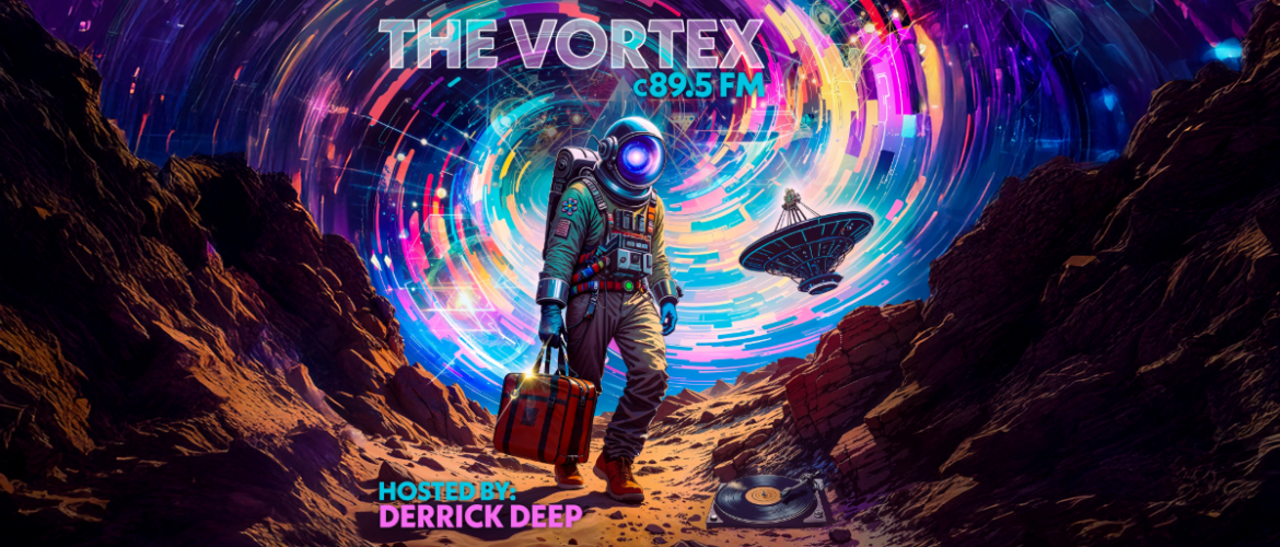 Promotional artwork for 'The Vortex C89.5 FM', featuring an astronaut in a colorful space-themed suit carrying a red suitcase, walking on a rocky terrain with swirling galaxies overhead and a floating vinyl record nearby. Also includes imagery of a futuristic satellite dish.