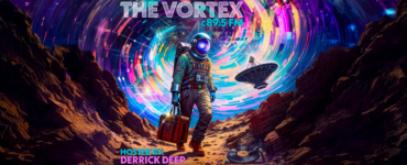 Promotional artwork for 'The Vortex C89.5 FM', featuring an astronaut in a colorful space-themed suit carrying a red suitcase, walking on a rocky terrain with swirling galaxies overhead and a floating vinyl record nearby. Also includes imagery of a futuristic satellite dish.