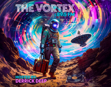 Promotional artwork for 'The Vortex C89.5 FM', featuring an astronaut in a colorful space-themed suit carrying a red suitcase, walking on a rocky terrain with swirling galaxies overhead and a floating vinyl record nearby. Also includes imagery of a futuristic satellite dish.