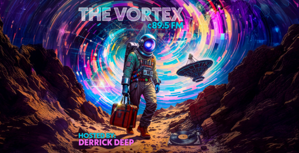 Promotional artwork for 'The Vortex C89.5 FM', featuring an astronaut in a colorful space-themed suit carrying a red suitcase, walking on a rocky terrain with swirling galaxies overhead and a floating vinyl record nearby. Also includes imagery of a futuristic satellite dish.