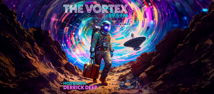 Promotional artwork for 'The Vortex C89.5 FM', featuring an astronaut in a colorful space-themed suit carrying a red suitcase, walking on a rocky terrain with swirling galaxies overhead and a floating vinyl record nearby. Also includes imagery of a futuristic satellite dish.