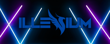 The logo for "ILLENIUM" displayed in bold white letters centered on a dark background, flanked by neon blue and purple lights, with a stylized phoenix icon above the text.