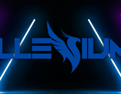 The logo for "ILLENIUM" displayed in bold white letters centered on a dark background, flanked by neon blue and purple lights, with a stylized phoenix icon above the text.