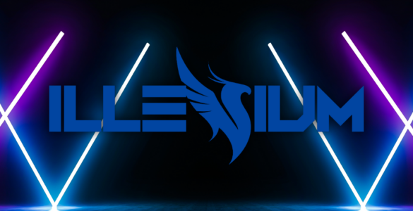 The logo for "ILLENIUM" displayed in bold white letters centered on a dark background, flanked by neon blue and purple lights, with a stylized phoenix icon above the text.