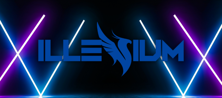 The logo for "ILLENIUM" displayed in bold white letters centered on a dark background, flanked by neon blue and purple lights, with a stylized phoenix icon above the text.