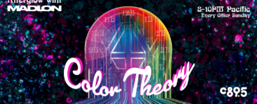 Promotional banner for 'Color Theory with Madion' featuring 'Color Theory' at C895, Seattle's Home for Dance. Event time listed as 8-10PM Pacific, every other Sunday. The graphic includes a vibrant, colorful background with a stylized number M at the center.