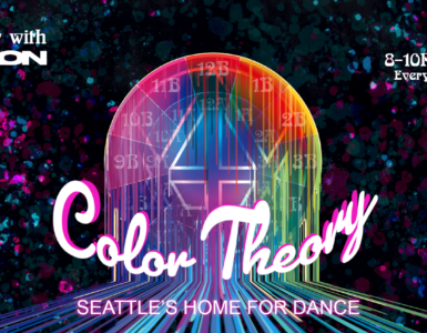 Promotional banner for 'Color Theory with Madion' featuring 'Color Theory' at C895, Seattle's Home for Dance. Event time listed as 8-10PM Pacific, every other Sunday. The graphic includes a vibrant, colorful background with a stylized number M at the center.