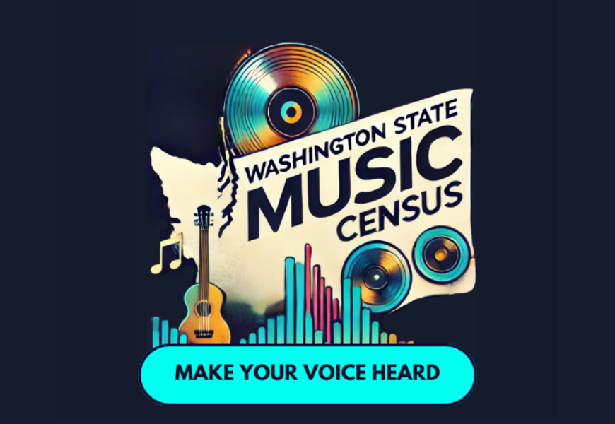 Promotional graphic for the Washington State Music Census, featuring a colorful illustration of a music CD, a guitar, and the state's outline with the text 'Make Your Voice Heard'.