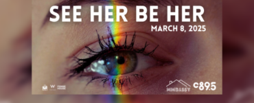 Close-up of an eye with a rainbow reflection across it, promoting the 'See Her Be Her' event on March 8, 2025, sponsored by Femme House and MMBASSY, with a C895 logo.