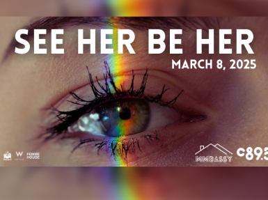 Close-up of an eye with a rainbow reflection across it, promoting the 'See Her Be Her' event on March 8, 2025, sponsored by Femme House and MMBASSY, with a C895 logo.