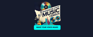 Promotional graphic for the Washington State Music Census featuring various musical icons such as a guitar, vinyl record, and audio levels, with the text 'Make Your Voice Heard' at the bottom.