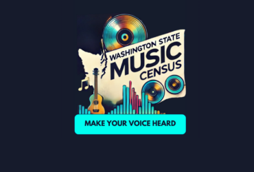 Promotional graphic for the Washington State Music Census featuring various musical icons such as a guitar, vinyl record, and audio levels, with the text 'Make Your Voice Heard' at the bottom.