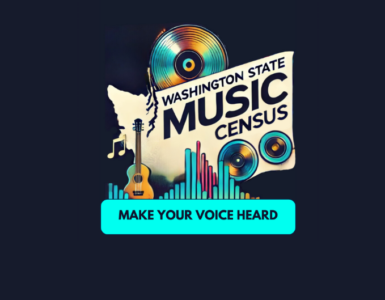 Promotional graphic for the Washington State Music Census featuring various musical icons such as a guitar, vinyl record, and audio levels, with the text 'Make Your Voice Heard' at the bottom.