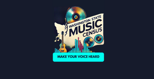 Promotional graphic for the Washington State Music Census featuring various musical icons such as a guitar, vinyl record, and audio levels, with the text 'Make Your Voice Heard' at the bottom.