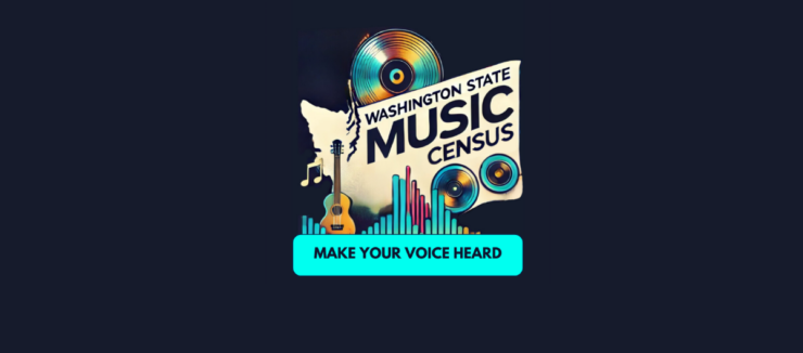 Promotional graphic for the Washington State Music Census featuring various musical icons such as a guitar, vinyl record, and audio levels, with the text 'Make Your Voice Heard' at the bottom.