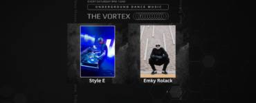 Promotional graphic for 'The Vortex' featuring underground dance music every Saturday from 9 PM to 12 AM. The image shows two DJs, Style E and Emky Rolack, in their respective panels. Style E is performing at a DJ booth while Emky Rolack is seated outdoors dressed in urban attire.