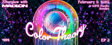 Promotional banner for 'Afterglow with Madeon' event titled Color Theory on February 9, 2025, featuring vibrant rainbow graphics and cosmic background.