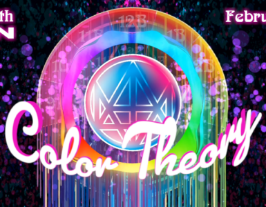 Promotional banner for 'Afterglow with Madeon' event titled Color Theory on February 9, 2025, featuring vibrant rainbow graphics and cosmic background.