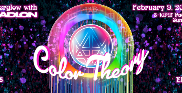 Promotional banner for 'Afterglow with Madeon' event titled Color Theory on February 9, 2025, featuring vibrant rainbow graphics and cosmic background.