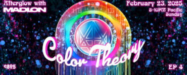 Promotional banner for 'Color Theory with Madion' featuring 'Color Theory' at C895, Seattle's Home for Dance. Event time listed as 8-10PM Pacific, every other Sunday. The graphic includes a vibrant, colorful background with a stylized number M at the center.