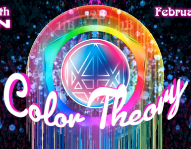 Promotional banner for 'Color Theory with Madion' featuring 'Color Theory' at C895, Seattle's Home for Dance. Event time listed as 8-10PM Pacific, every other Sunday. The graphic includes a vibrant, colorful background with a stylized number M at the center.