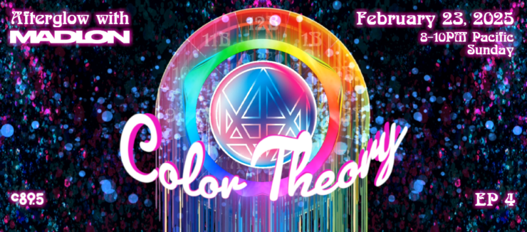 Promotional banner for 'Color Theory with Madion' featuring 'Color Theory' at C895, Seattle's Home for Dance. Event time listed as 8-10PM Pacific, every other Sunday. The graphic includes a vibrant, colorful background with a stylized number M at the center.