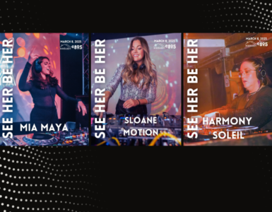 Promotional banner featuring five musicians performing, named Snapdragon, Mia Maya, Sloane Motion, Harmony Soleil, and Leah York, set against a visually dynamic background with their names highlighted.